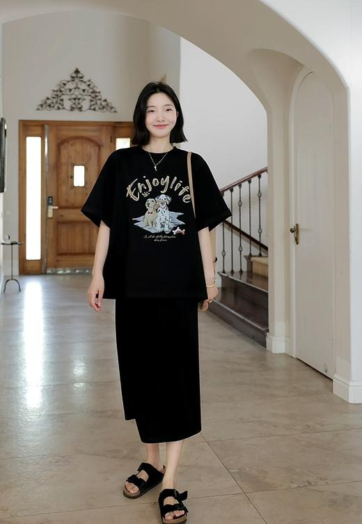 小狗印花休闲宽松显瘦短袖T恤＋松紧腰半身裙一套 商品图7