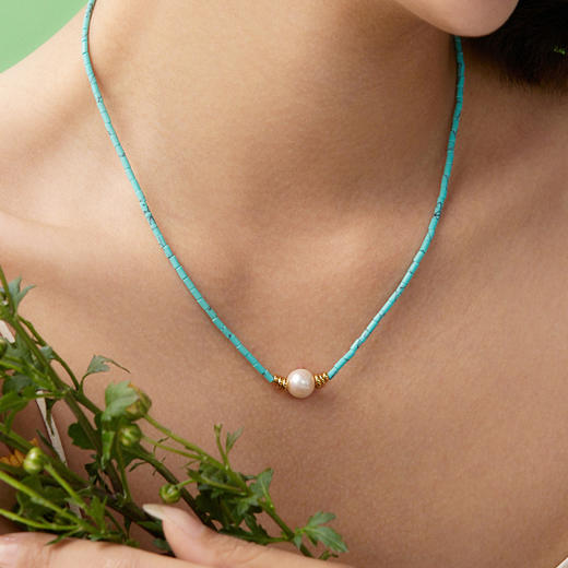 热卖！Manreya“松山汀岚”绿松石淡水珍珠银镀金项链 商品图4