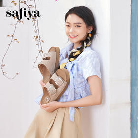 Safiya/索菲娅2025复古反绒圆头外穿休闲百搭松糕厚底勃肯凉拖SFD2110154