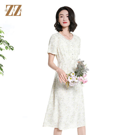 佐尔美夏季新款时尚气质碎花桑蚕丝短袖连衣裙女M42LS91 商品图3