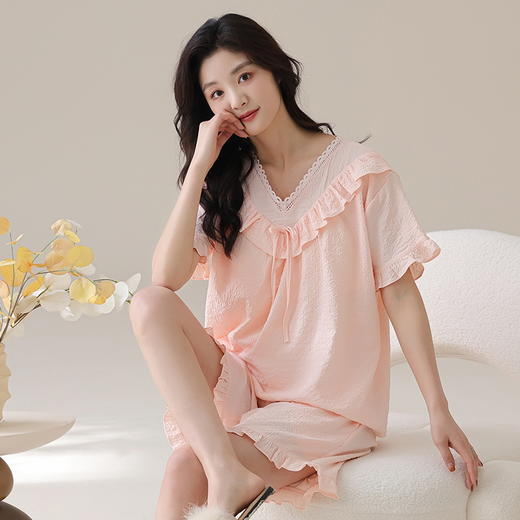 自然醒梵花云朵棉（带胸垫）睡衣女款夏季短袖短裤薄款花边甜美风女士家居服QH 商品图7