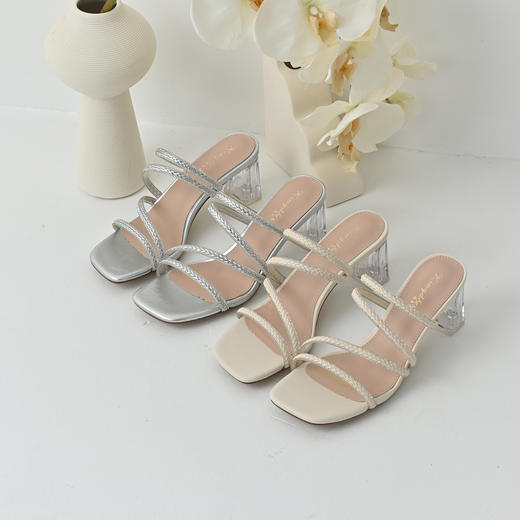 经典鲨2025夏季款时尚简约6.5cm高粗跟一字带气质水钻凉鞋女KW119-529061 商品图2