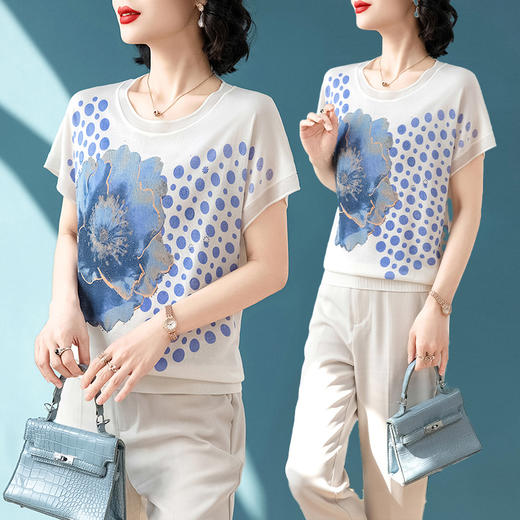 W018-8991-78-138洋气妈妈夏装短袖t恤针织小衫2025新款中老年女装高档冰丝薄上衣 商品图1
