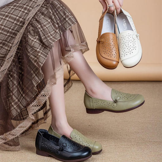 【母亲节礼物 下单送袜子】意大利KAISER 凯撒头层牛皮新中式镂空妈妈鞋 巨软巨好穿！（KS7881款） 商品图0