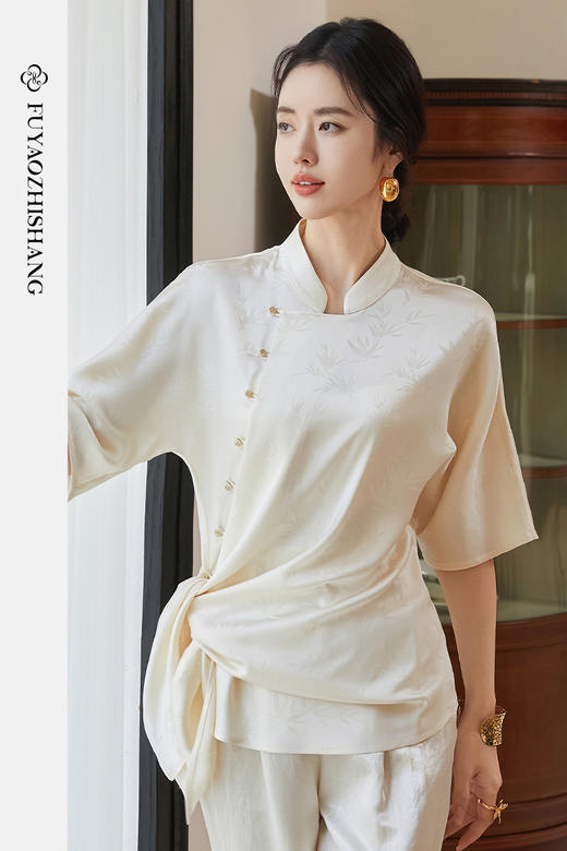 FUYAO扶摇 醋酸提花衬衫女流光竹影国风小衫复古斜襟立领改良上衣 商品图5