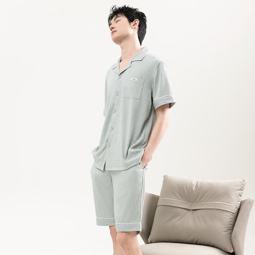自然醒清风睡衣男士夏季薄款云朵棉开衫款休闲短袖短裤大码可外穿家居服套装QH 商品图1