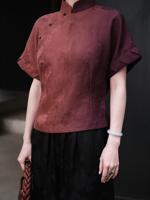 盛唐牡丹| 渐变色香云纱提花偏襟短袖上衣 商品图2