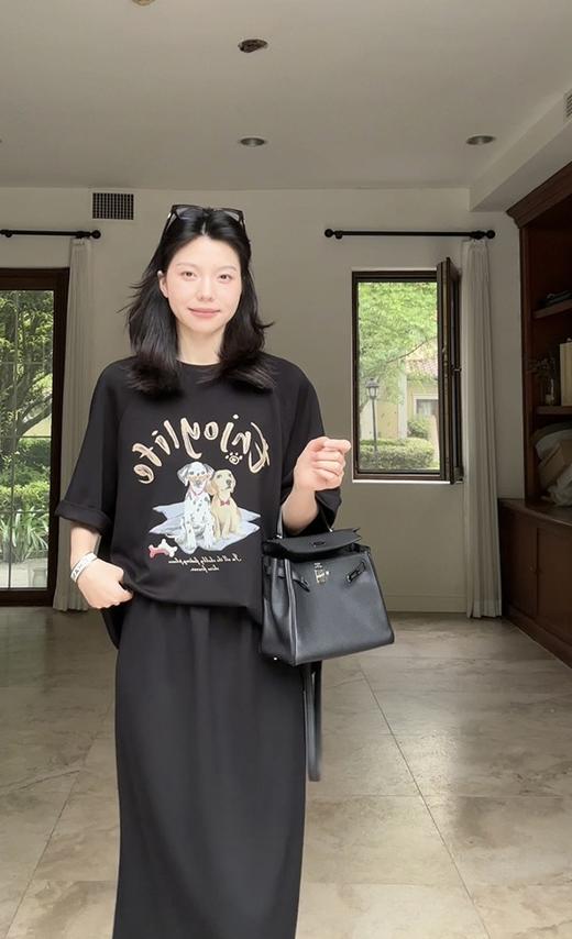 小狗印花休闲宽松显瘦短袖T恤＋松紧腰半身裙一套 商品图12