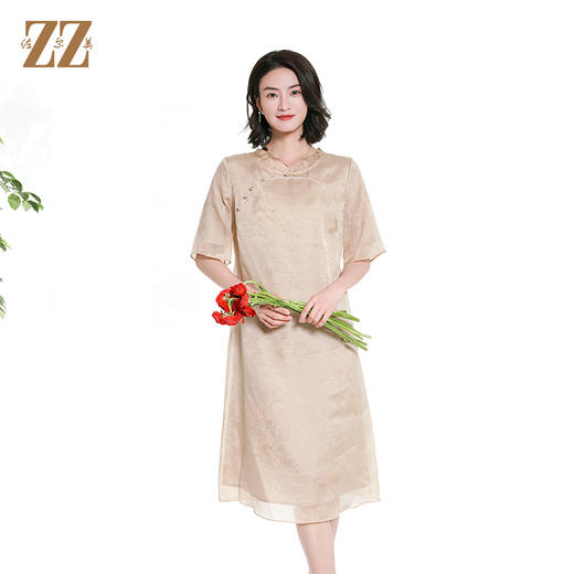 佐尔美夏季新款新中式国风桑蚕丝短袖连衣裙女M42LS92 商品图0