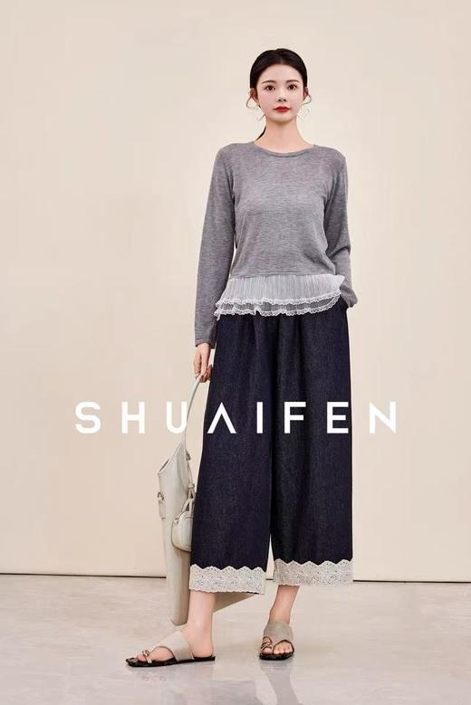  福利推荐~爆款牛仔-水洗固色 不易褪色 99231下摆蕾丝宽松阔腿薄款夏季八九分牛仔-喜出 商品图1