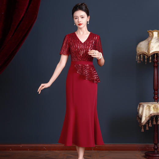 2025礼服鱼尾长款粉色，婚庆婚宴妈妈喜婆婆连衣裙TQ2501 商品图1