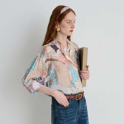 谜底衬衫七分袖女2025夏新品复古风通勤宽松H型中长衬衣252GC0647 商品图1