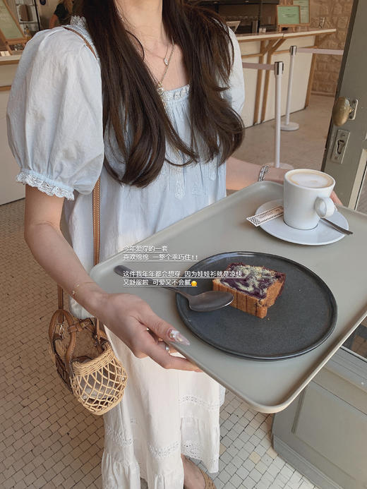 金蘑菇菇 美第奇/蓝白重工刺绣法式泡泡袖上衣 商品图3