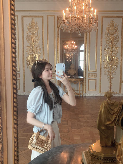 金蘑菇菇 美第奇/蓝白重工刺绣法式泡泡袖上衣 商品图13