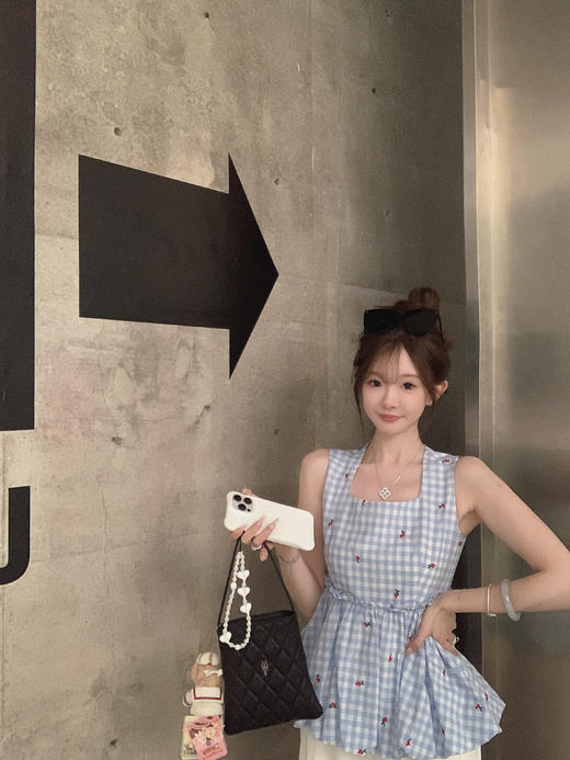 金蘑菇菇 夏日么么茶/ 100棉 蓝格格无袖上衣 商品图0