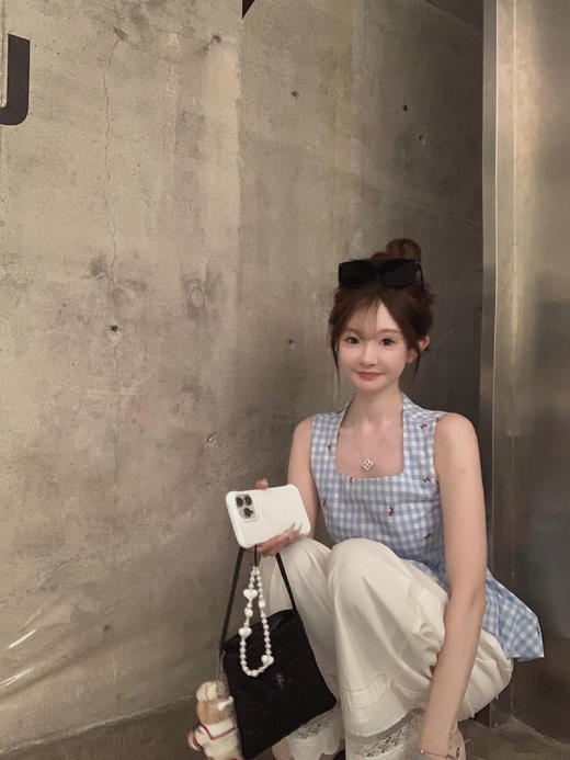 金蘑菇菇 夏日么么茶/ 100棉 蓝格格无袖上衣 商品图8