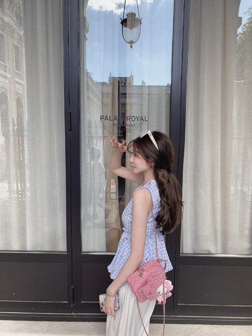 金蘑菇菇 夏日么么茶/ 100棉 蓝格格无袖上衣 商品图5