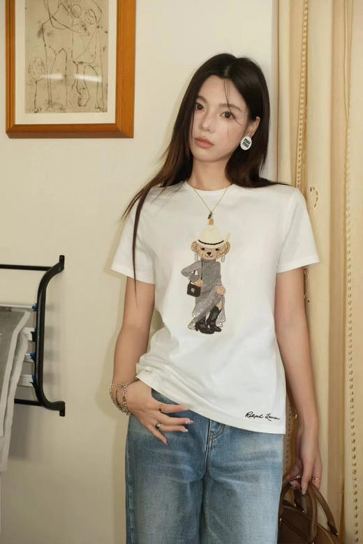 直发 RL 拉夫 重工刺绣 晚礼服亮片小熊 短袖T恤 商品图3