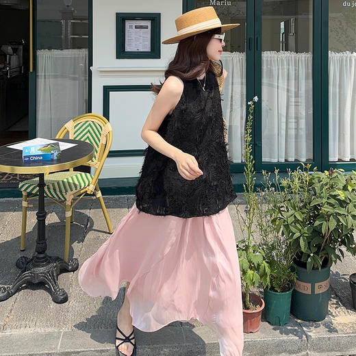 西遇网纱半身裙套装女夏季新款法式小资流苏无袖上衣两件套SS050678/SS050679 商品图0