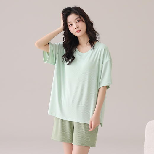 自然醒朝云（带胸垫）一体睡衣女夏季冰丝螺纹短袖短裤纯色简约慵懒风家居服套装QH 商品图4