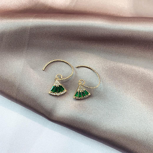 PIARA法式复古耳圈耳环气质锆石祖母绿扇影耳坠女微镶耳饰EAB0003 商品图2