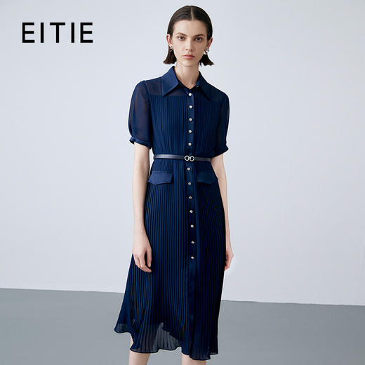 EITIE爱特爱夏季新款通勤单排扣深蓝色A字压褶连衣裙7807558 商品图0