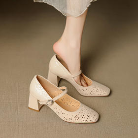 【预售5天】巨好穿法式单鞋女春夏季镂空方头粗跟杏色真皮米白色高跟鞋女XPJ&9093