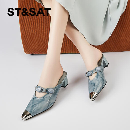 星期六中式风晕染金属尖头粗跟穆勒拖SSD2110EPP 商品图0