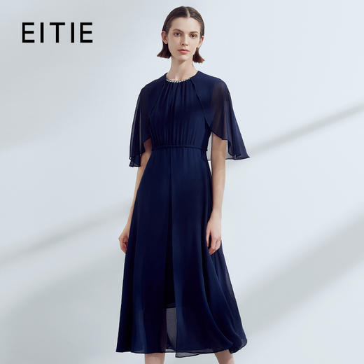 EITIE爱特爱夏季新款时尚洋气网纱拼接收腰压褶连衣裙7807559 商品图0