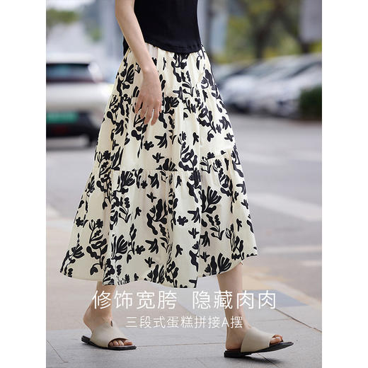 【夏日新品】熙世界复古水墨碎花半身裙女夏款高腰显瘦气质a字蛋糕长裙 商品图2