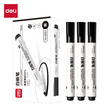 得力(deli)白板笔 色泽明亮可擦易擦 水性 2mm 白板书写笔 黑色10支/盒6817 办公用品 商品图3