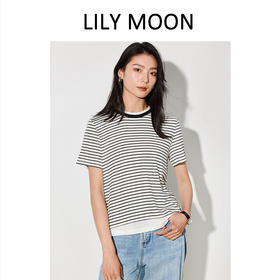 LILYMOON【条纹撞色短袖T】天丝羊毛双层领拼接T恤
