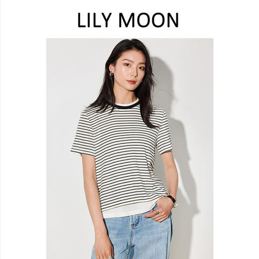 LILYMOON【条纹撞色短袖T】天丝羊毛双层领拼接T恤 商品图0
