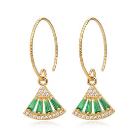 PIARA法式复古耳圈耳环气质锆石祖母绿扇影耳坠女微镶耳饰EAB0003