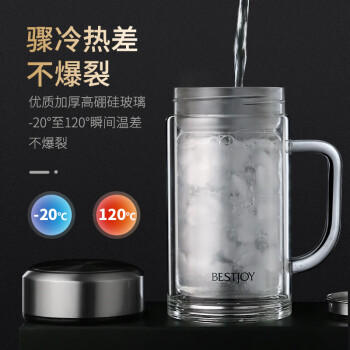 富光拾喜双层玻璃杯男女办公水杯 防烫带滤网大容量泡茶杯子520ml黑色 商品图1