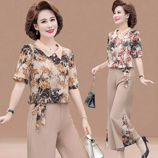 服饰鞋包-夏季新款妈妈装洋气减龄雪纺上衣阔腿裤套装 商品图1