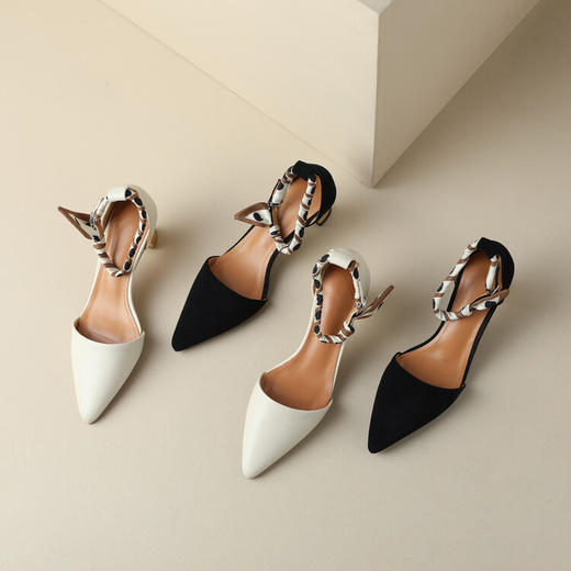 【预售5天】法式包头凉鞋女新款尖头包跟女鞋中空丝带一字扣带中跟单鞋HB&A138-1 商品图4