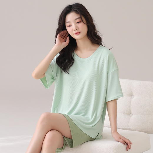 自然醒朝云（带胸垫）一体睡衣女夏季冰丝螺纹短袖短裤纯色简约慵懒风家居服套装QH 商品图8
