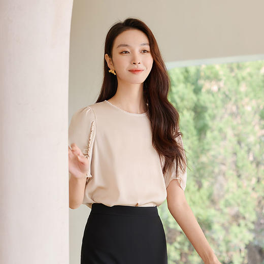 玳莎珠链圆领真丝衬衫女2025年夏季新款设计感优雅小众五分袖上衣  FB31104 商品图3