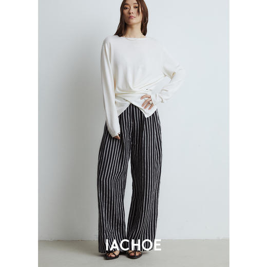 棉仓3531518023-IACHOE黑色亚麻条纹休闲裤 商品图2