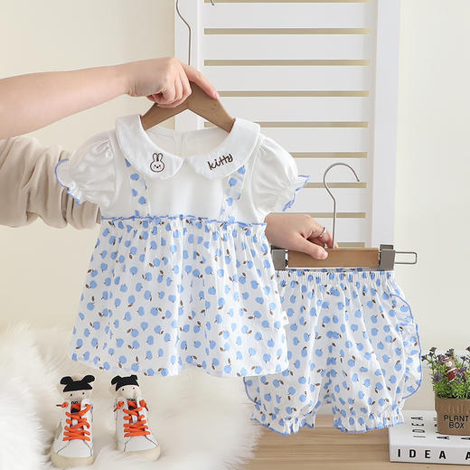 【花边设计精致可爱，透气舒适】新款甜美水果娃娃领 花边短袖 婴儿童夏装两件套 女宝宝夏季套装-QQ 商品图1