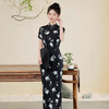 TZW-珍爱一生2025夏季长款提花双层黑色短袖旗袍日常修身气质改良旗袍 商品缩略图0