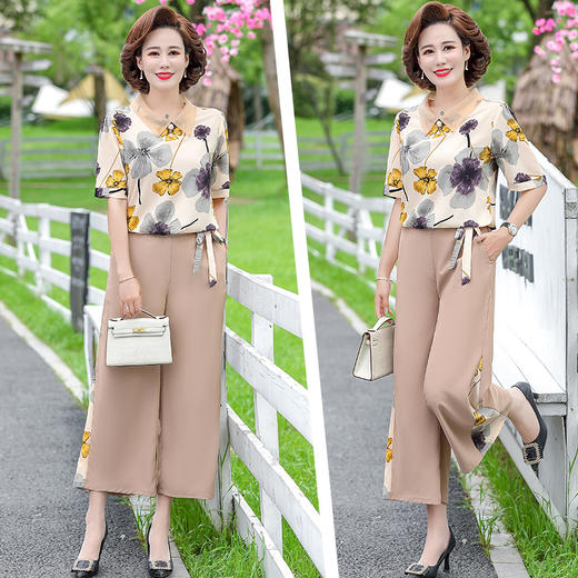 服饰鞋包-夏季新款妈妈装洋气减龄雪纺上衣阔腿裤套装 商品图3