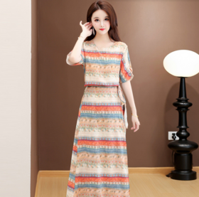 QYM 25DS667-L条纹印花连衣裙气质减龄系带收腰显瘦A字裙