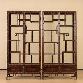 民国	红木竹节工玻璃门博古架（一对）