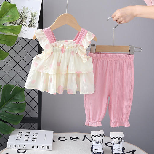 【百变造型，洋气吊带设计】女宝宝洋气花边 百褶花边吊带套装 2025款小女孩时髦波点 女童中裤潮款-QQ 商品图1