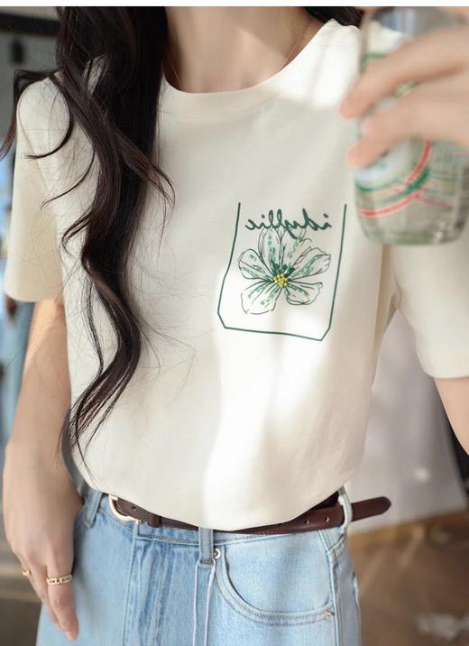 ✨朗家同款精梳棉【印花钉珠花卉圆领短袖】清爽简单的夏日短袖T，100%棉 商品图4