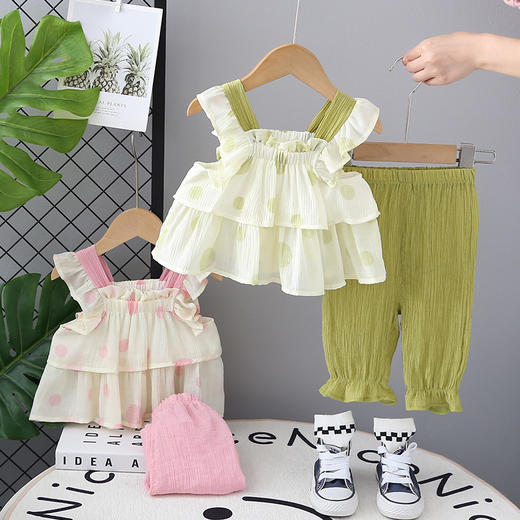 【百变造型，洋气吊带设计】女宝宝洋气花边 百褶花边吊带套装 2025款小女孩时髦波点 女童中裤潮款-QQ 商品图0