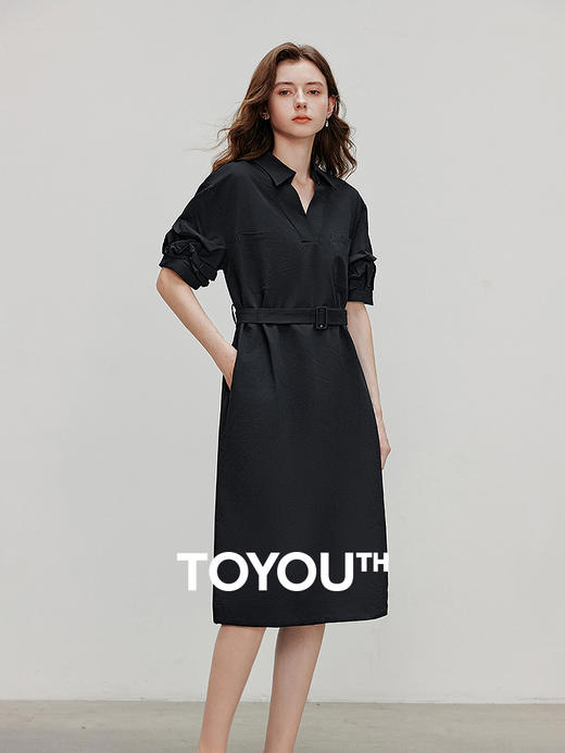 TOYOUTH初语通勤衬衫连衣裙女2025年春季新款V领收腰气质中长裙子 商品图0