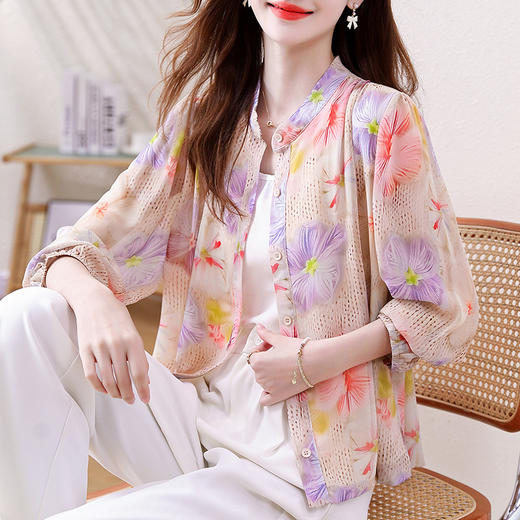 TZW-新款琉璃丝印花开衫防晒衣2025夏设计感气质减龄宽松休闲衬衣批发 商品图1